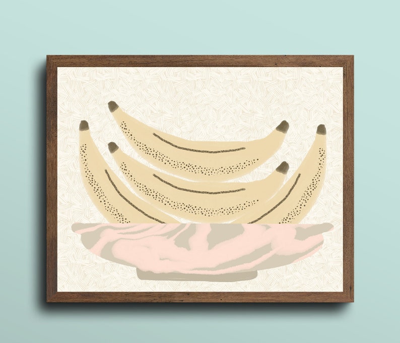 Banana art, fruit art, fruit still life, fruity art, kitchen art, art prints, pastel art, fruit poster, home deco neutral colors, bananas image 1