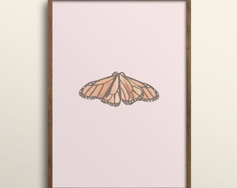 pink pastel poster print art, pastel art prints, danish pastel, butterfly art, dreamy art prints, dorm room art, 5x7 art prints, monarch