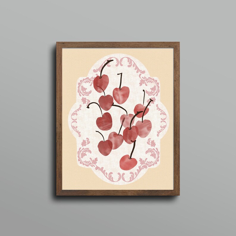 Cherry art print, cherry poster, cherry fruit wall art, kitchen wall art, art print, cottagecore art, cottage core poster, art for apartment image 1