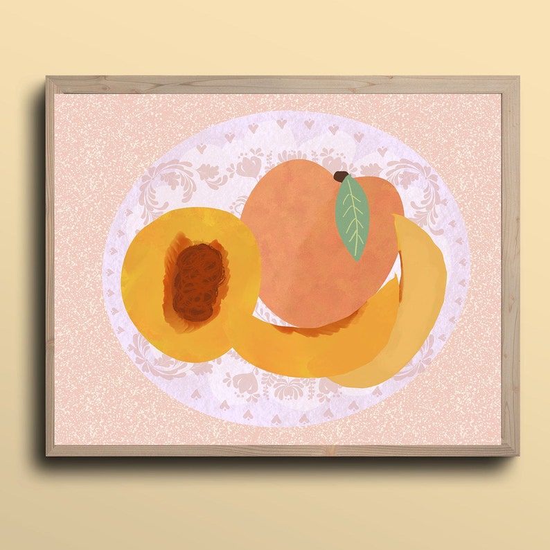 Peach Wall Art, Fruit Art Print, Peach Illustration, Kitchen Art, Kitchen Decor, Cottagecore, Fruit Kitchen Art, image 1