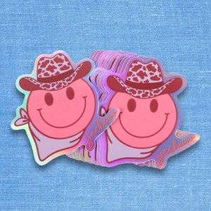 Western Yee Haw Cowboy Hat Smiley Face with Bandana Y2K Holographic Sticker Decal for Waterbottles