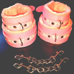 Wrist and Ankle Kitten cuff sets in Baby pink. Optional matching collar and blindfold. 100% Vegan-Friendly. Your choice of lettering.