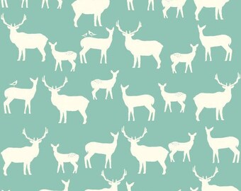 May include: A seamless pattern featuring white silhouettes of deer and elk on a light blue background. The pattern is repeated throughout the image.