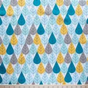 May include: A white fabric with a repeating pattern of teal, gray, and yellow leaf shapes. The leaves are stylized and have a geometric design.