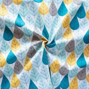 May include: White fabric with a repeating pattern of teal, yellow, and gray leaves. The leaves have a simple, geometric design.