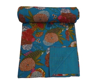 Handmade Kantha Quilt: Bohemian Floral Queen Bedspread