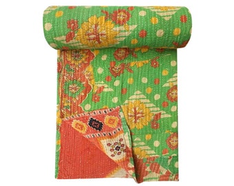 Home Decorative Reversible Vintage Patchwork Twin Size Kantha Quilt, Kantha Bedspread, Indian Blanket, Kantha Throw, Coverlet