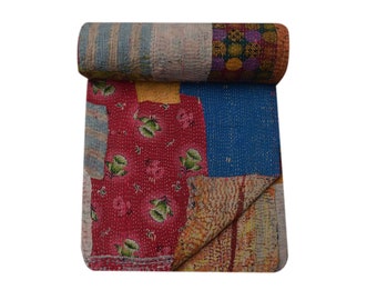 Edredón Kantha reversible vintage: manta de algodón con patchwork colorido