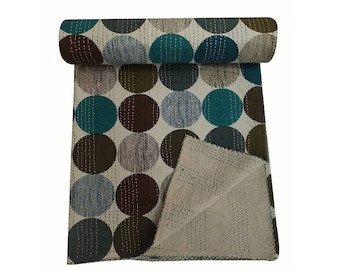 Handmade Kantha Quilt: Bohemian Queen Size Bedspread