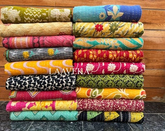 Oferta increíble, lote al por mayor de edredones Kantha vintage, mantas y mantas Kantha de algodón sari hechas a mano reversibles a precio con descuento