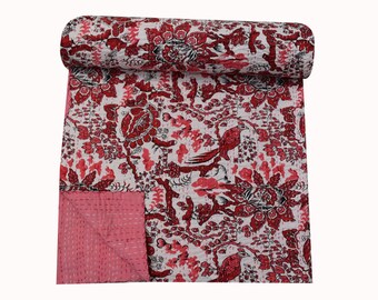 Edredón Kantha con estampado de pájaros rosas: Colcha de algodón estilo boho