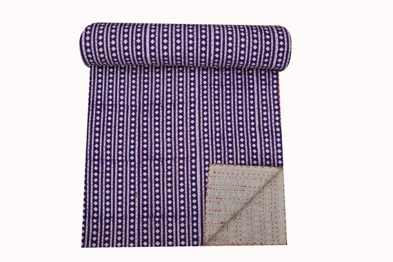 Diamond Print Queen Kantha Blanket: Hand-Stitched Bohemian Bedspread