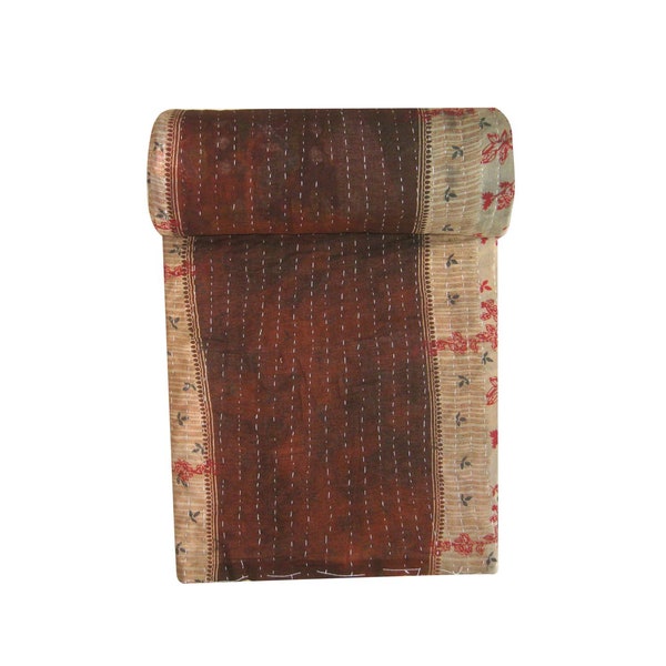 Vintage Bohemian Old Sari Kantha Quilt, Handmade Gypsy Reversible Bedspread, Boho One Of Kind Cotton Throw, Antique Blanket