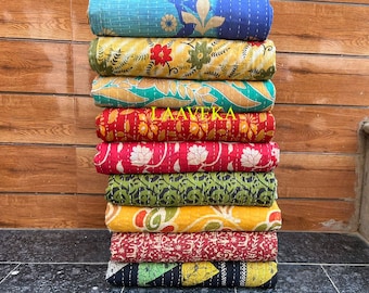 Przecenione hurtowe kołdry Kantha w stylu vintage, dwustronne, ręcznie robione narzuty i koce z bawełny sari Kantha
