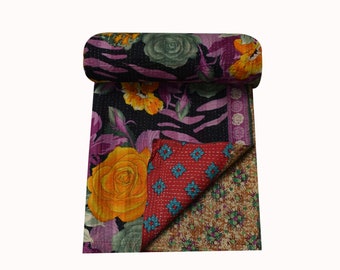 Handmade Vintage Kantha Quilt, Sari blanket, Twin size throw, Sofa cover, Kantha quilt, Indian Quilt Home Decor