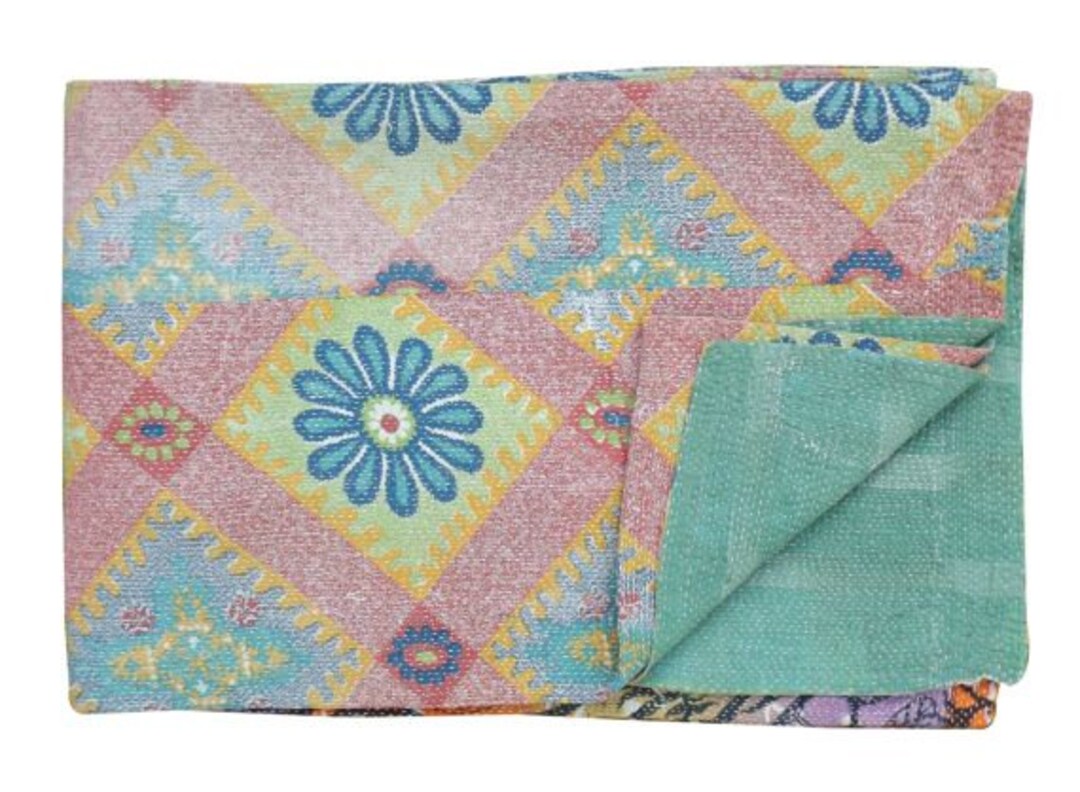 Coperta Patchwork Yuvancrafts Copriletto In Cotone Indiano Kantha Con Stampa Telo Etnico - 10