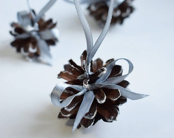 Silver painted pine cones with atlas ribbon - 1 PIECE. Christmas tree decoration. Rustic wedding decor.