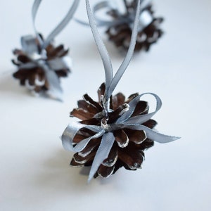 Silver painted pine cones with atlas ribbon 1 PIECE. Christmas tree decoration. Rustic wedding decor. image 1