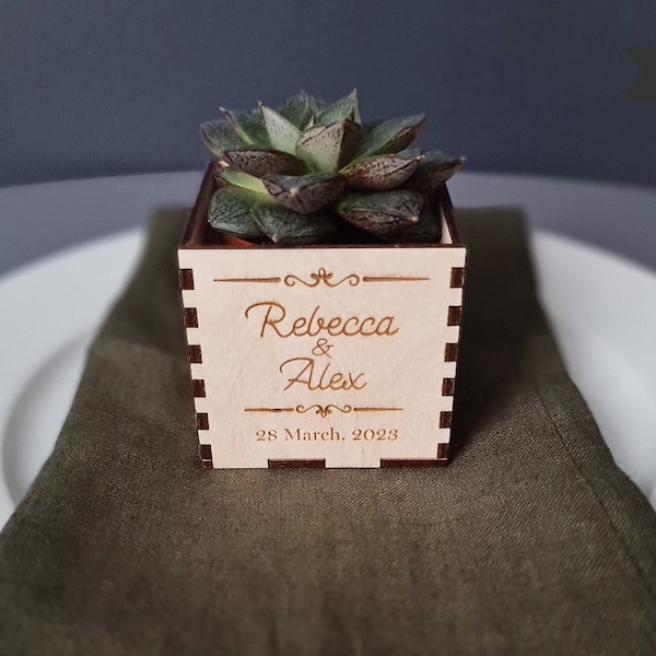 Wedding favors for guests personalized for rustic wedding natural wooden pots for succulents with name card forest wedding laser engraved