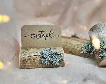 10  wooden name card holders. Rustic wedding decor. Table place card holder for guest names. Natural wooden holders with bark and moss.