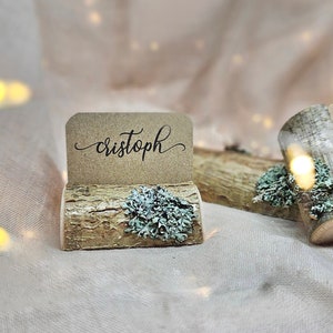 10  wooden name card holders. Rustic wedding decor. Table place card holder for guest names. Natural wooden holders with bark and moss.
