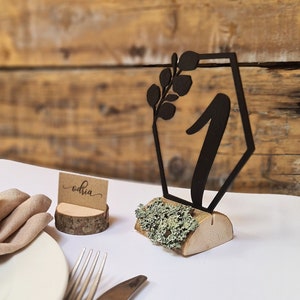 Rustic wedding table number. Moss wooden holder. Oak wood holder. Laser cut number sign for event. Wedding decoration table centerpiece.