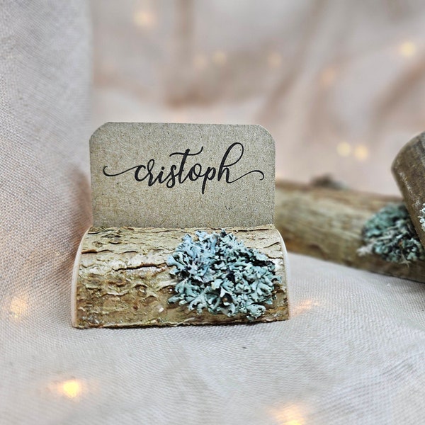Lichen Moss Name Card Holder, Wedding Card holders, Rustic Place Cards, Wooden Card Holder, Table Place Name Holder, Place setting natural
