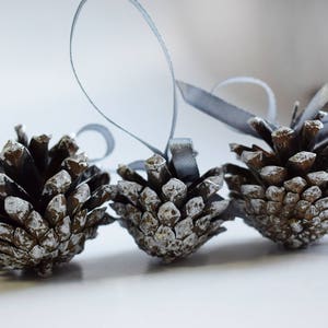 Silver painted pine cones with atlas ribbon 1 PIECE. Christmas tree decoration. Rustic wedding decor. image 6