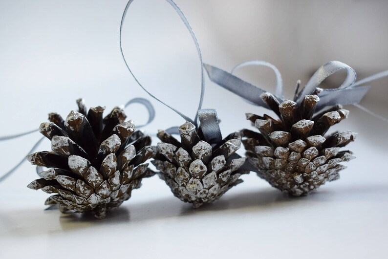 Silver painted pine cones with atlas ribbon 1 PIECE. Christmas tree decoration. Rustic wedding decor. image 6