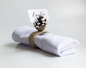 2in1 Napkin ring and name tag holder - 30 PIECES. Jute napkin ring, pine cone card holder, Forest wedding, name card table decor.