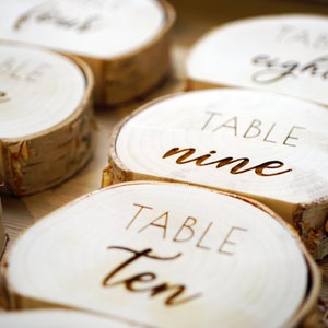 Rustic Wedding Table Number Holder 1 SAMPLE. Wedding decoration. Centerpiece for wedding, reception decor. Engraved wood log. image 6