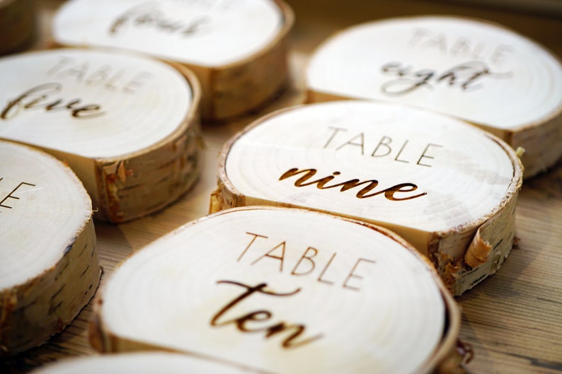 Rustic Wedding Table Number Holder 1 SAMPLE. Wedding decoration. Centerpiece for wedding, reception decor. Engraved wood log. image 6
