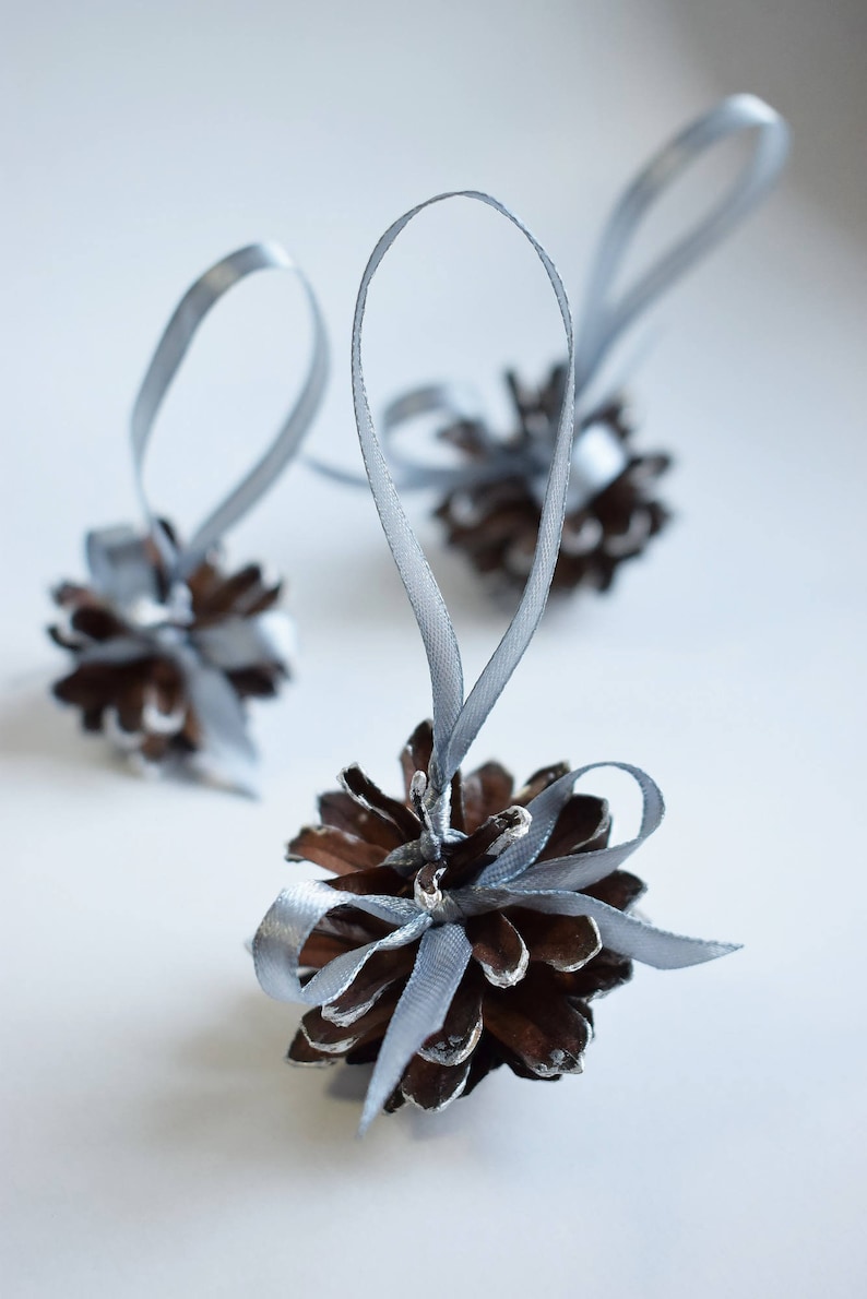 Silver painted pine cones with atlas ribbon 1 PIECE. Christmas tree decoration. Rustic wedding decor. image 1