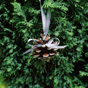 Silver painted pine cones with atlas ribbon 1 PIECE. Christmas tree decoration. Rustic wedding decor. image 10