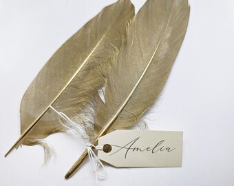 10 gold feather place cards, wedding name card, wedding table setting, beach wedding, place card holders, wedding feathers, boho wedding