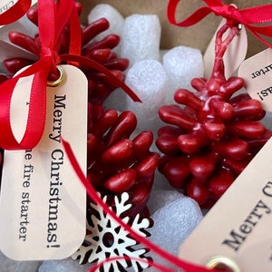 May include: A set of four red pine cone fire starters with white snowflake decorations and gift tags that say "Merry Christmas!" and "pine cone fire starter".