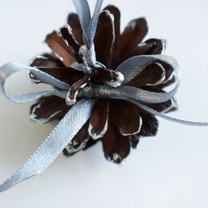 Silver painted pine cones with atlas ribbon 1 PIECE. Christmas tree decoration. Rustic wedding decor. image 7