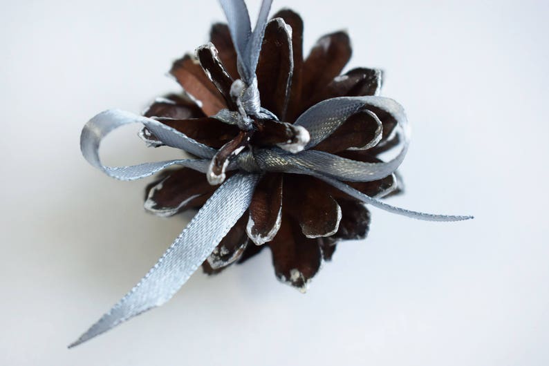 Silver painted pine cones with atlas ribbon 1 PIECE. Christmas tree decoration. Rustic wedding decor. image 7