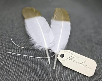 10 white and gold feather place cards, wedding name card, wedding table setting, beach wedding, place card holders, wedding feathers, boho