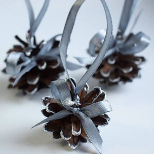 Silver painted pine cones with atlas ribbon 1 PIECE. Christmas tree decoration. Rustic wedding decor. image 5