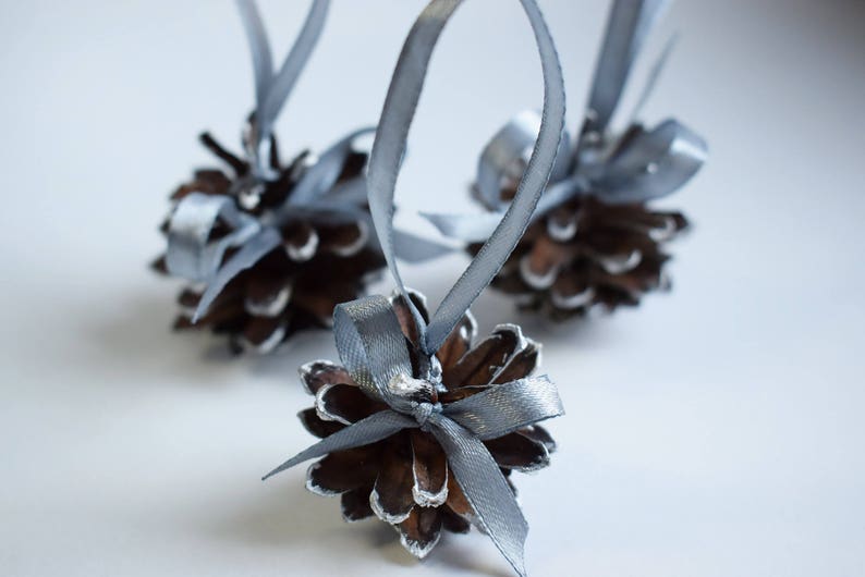 Silver painted pine cones with atlas ribbon 1 PIECE. Christmas tree decoration. Rustic wedding decor. image 5