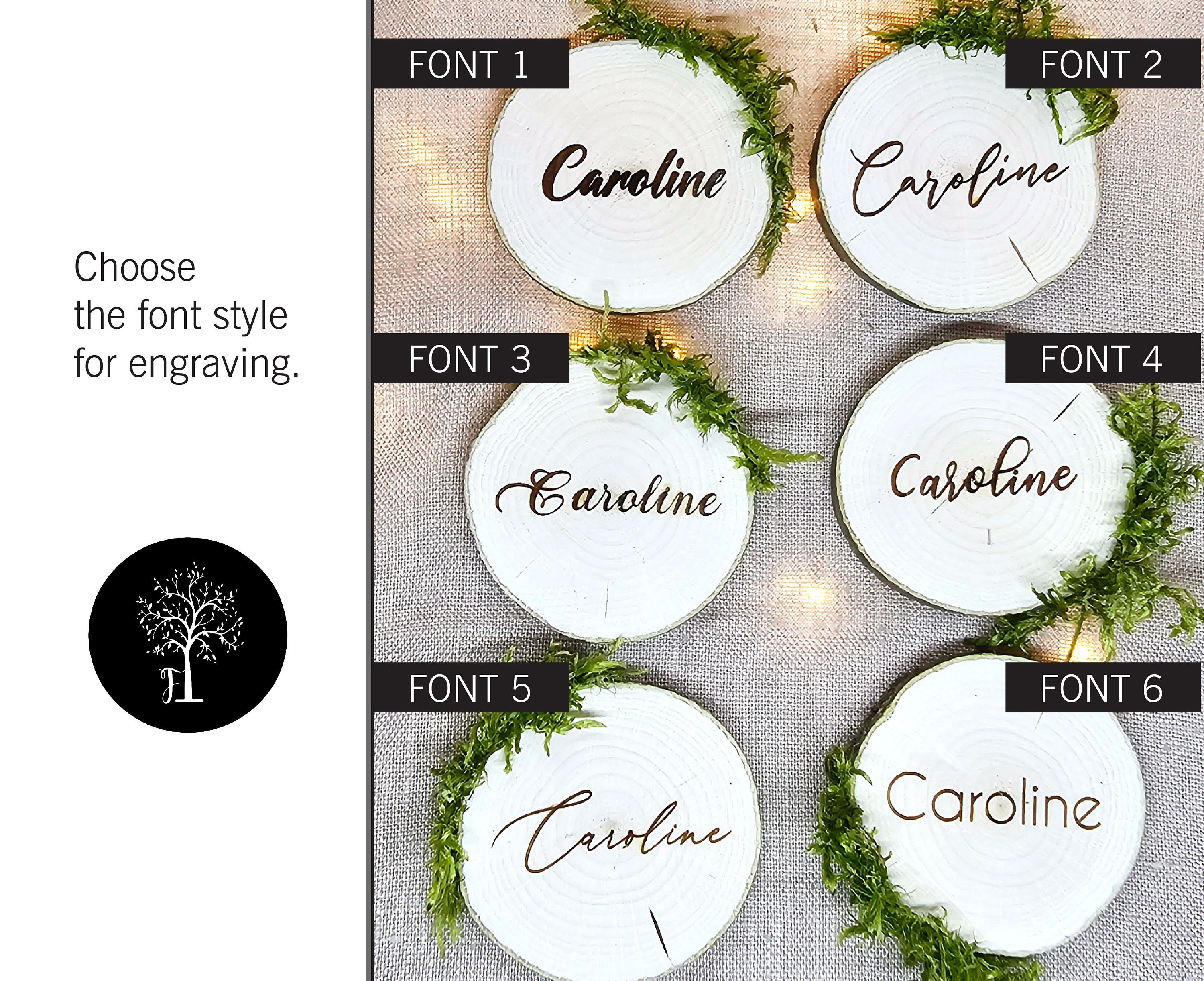 30 Pieces - Engraved Wooden Place Card Slices With Moss - Rustic ...