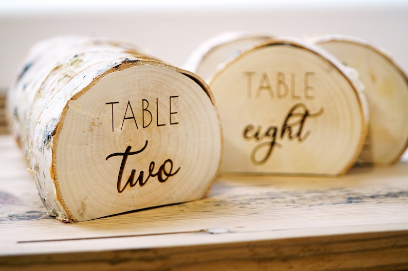 Rustic Wedding Table Number Holder 1 SAMPLE. Wedding decoration. Centerpiece for wedding, reception decor. Engraved wood log. image 1