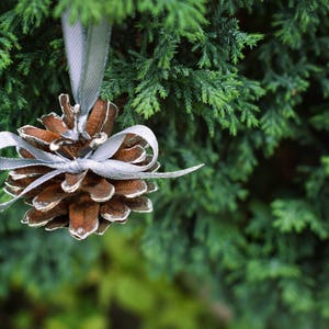 Silver painted pine cones with atlas ribbon 1 PIECE. Christmas tree decoration. Rustic wedding decor. image 9