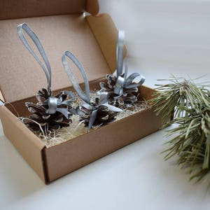 Silver painted pine cones with atlas ribbon 1 PIECE. Christmas tree decoration. Rustic wedding decor. image 4