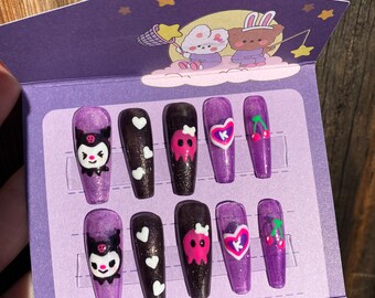 Set van 10pcs druk op nagels / cartoon nagels / hand bedrukte nagels / kulromi / kawaii