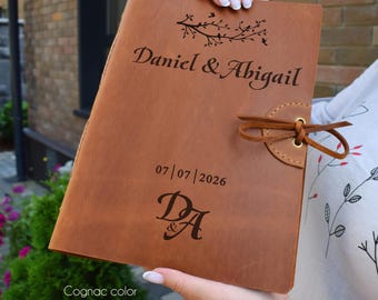 Vertical leather guestbook/ Free personalized photo album, memory, wedding book/ A4 and A5 format with black or ivory thick cardboard pages