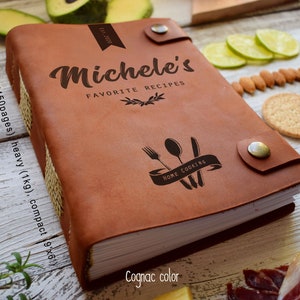 Family heirloom cookbook/Personalized A5 leather recipe book with dividers/450 and 200 pages recipes/3rd anniversary gift/Gift for mum Cognac