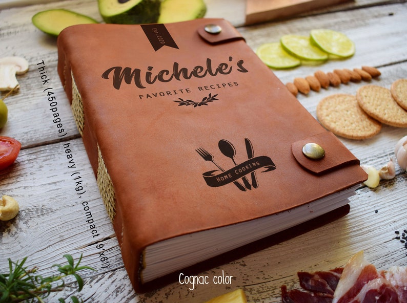 Family heirloom cookbook/Personalized A5 leather recipe book with dividers/450 and 200 pages recipes/3rd anniversary gift/Gift for mum Cognac