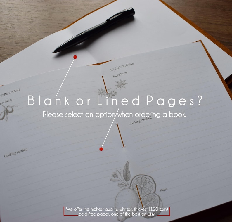 May include: Open recipe book with blank or lined pages, a black pen, and botanical illustrations. The text reads "Blank or Lined Pages? Please select an option when ordering a book." The paper is described as high quality, whitest, thickest (120 gsm) acid-free.
